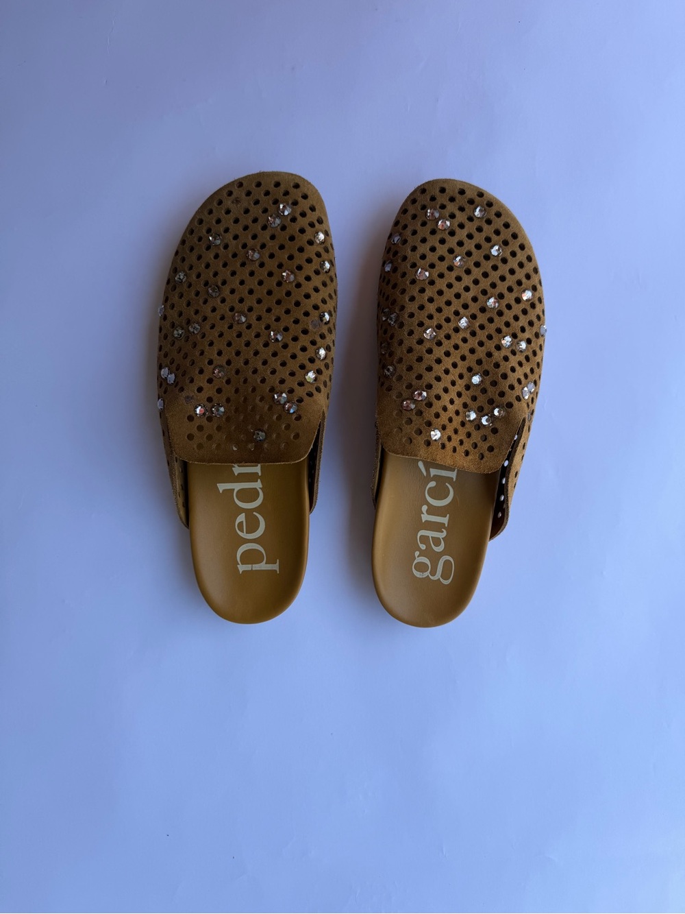 Pedro Garcia Tan Suede Crystal-Studded Slip-On Mules - Picture 2 of 4